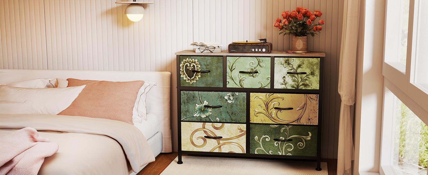 7 Drawer Fabric Storage Dresser with Wood Top, Floral Pattern Organizer Tower for Bedroom, Living Room, Hallway, Entryway 7 Drawer Fabric Storage Dresser with Wood Top, Floral Pattern Organizer Tower for Bedroom, Living Room, Hallway, Entryway