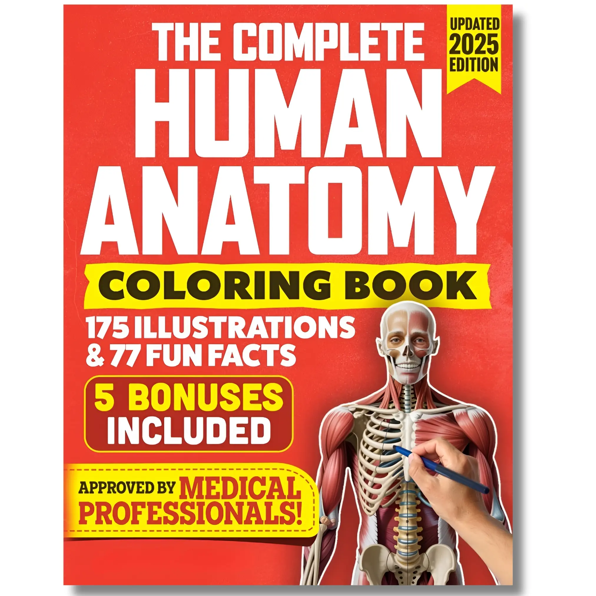 The Complete Human Anatomy Coloring Book: New English Edition Study Guide & Workbook with 175 Illustrations, 77 Fun Facts, Mnemonics, Medical Glossary for Stress Relief, Nurses