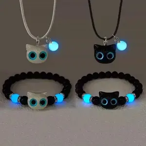 4pcs Glowing Cat Pendant Couple's Jewelry Set - Luminous Bead Bracelets & Necklaces with Matching Black Cat Charms, Blue Glow-in-the-Dark Beads for Him & Her, Daily Wear Gift for Valentine's Day