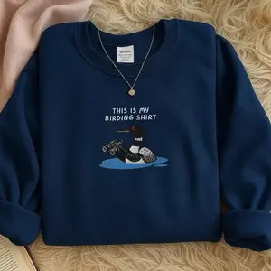 Loon With Binoculars Embroidered Birding Sweatshirt, Wildlife Lake Graphic Shirt, Cozy Nature Aesthetic Pullover, Outdoor Cabin Style, Gift for Bird Lovers