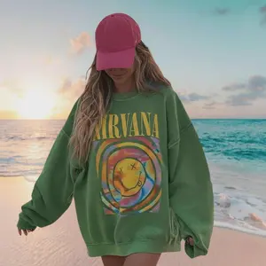 Nirvana Vintage Smiley Face Graphic T-shirt, 90s Retro Band Tour Merch Pullover Hoodie & Crewneck Sweatshirt. Unisex Oversized Grunge Streetwear Style, Comfortable Cotton Blend, Cozy Casual Wear, Gift Idea.