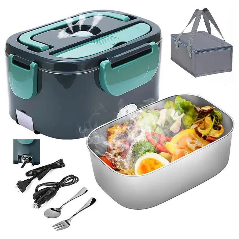 【BackToSchool】1.5L Modern BPA-Free Stainless Steel Electric Thermal Lunch Box for Adults - 2-in-1 60W Car/Office Container, 110V/12V/24V Nontoxic Plastic Removable Insert, Rubber Seal Spill-Guard, Anti-Scald Handle, Easy-Clean Portable Tableware, Silicone