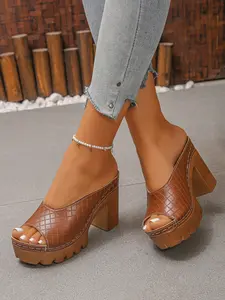 Summer New Women's Y2K Vintage Thick Sole Sandals, Multicolor Plaid Embossed, Wooden Color Thick Heel High Heels, Comfortable Open Toe Shoes