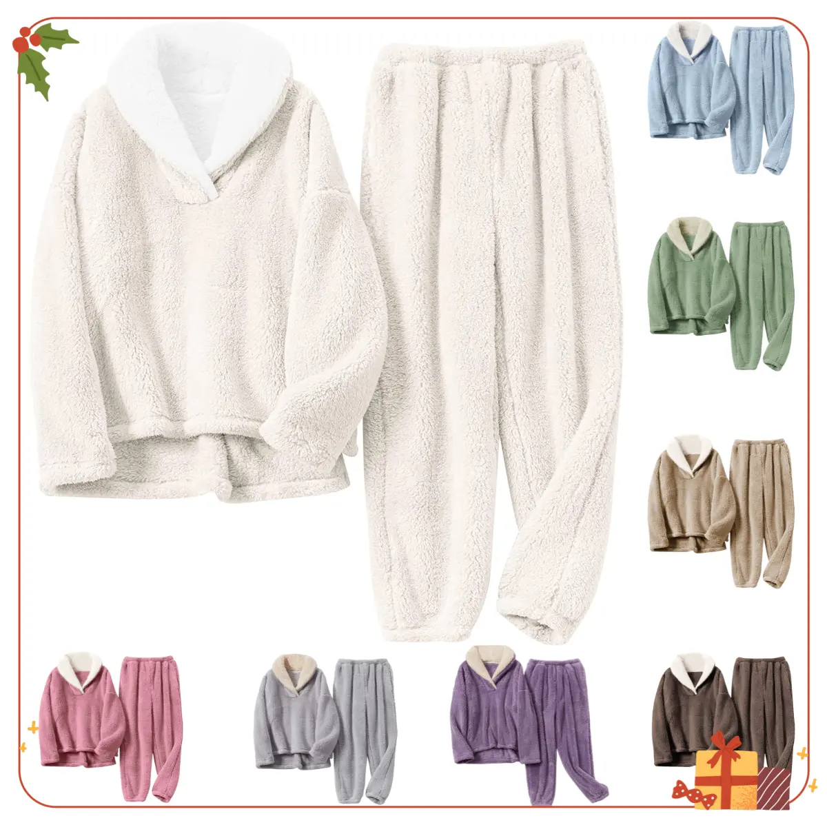 Yeokou Women's 2 Piece Loungewear Set, Cute Plain Sherpa Fleece Nightwear with Longsleeve Lapel Pullover and Joggers for Party, Party Wear, Cotton, Cozy Chic, Retro