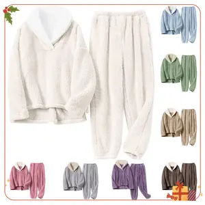 Yeokou Women's Fluzzy Sherpa Fleece Pajamas Warm Pullover Lapel Sleepwear Sets