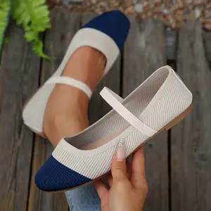 Women Knit Ballet Shoes Pointed Toe Low Heel Mesh Comfortable Block Pumps