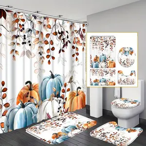 4pcs Pumpkins Shower Curtain Sets, Thanksgiving Bathroom Waterproof Shower Curtain, Bath Mat, Toilet Lid Rug, Non-Slip U Shape Mat, Housewarming Gift, Thanksgiving Gift, Autumn Home Decor Accessories, Bathroom Decor Sets With 12 Hooks