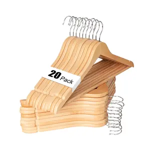 Wooden Hangers 20 Pack, Heavy Duty Wood Hangers for Coats, Suits, Jackets, Closet & Pants Premium Solid Wood Hangers with 360-Degree Rotatable Hook, Non Slip Pant Bar and Notches, Natural