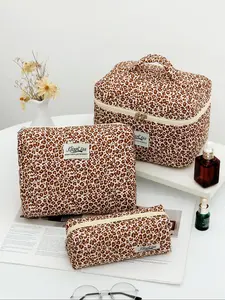 Leopard Print Makeup Bag Set, Large Capacity Cosmetic Storage Bag with Zipper & Handle, Portable Toiletry Bag for Travel & Daily Use, Makeup Pouch