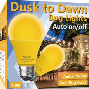 Dusk to Dawn Bug Light Bulb Outdoor,8 Pack Amber Bug Light Bulb,Auto On/Off,10W(100W Equivalent),E26 Base,Bug Lights for Outside.Home Hallway Porch Lights.Decorative Lamps.Bedroom