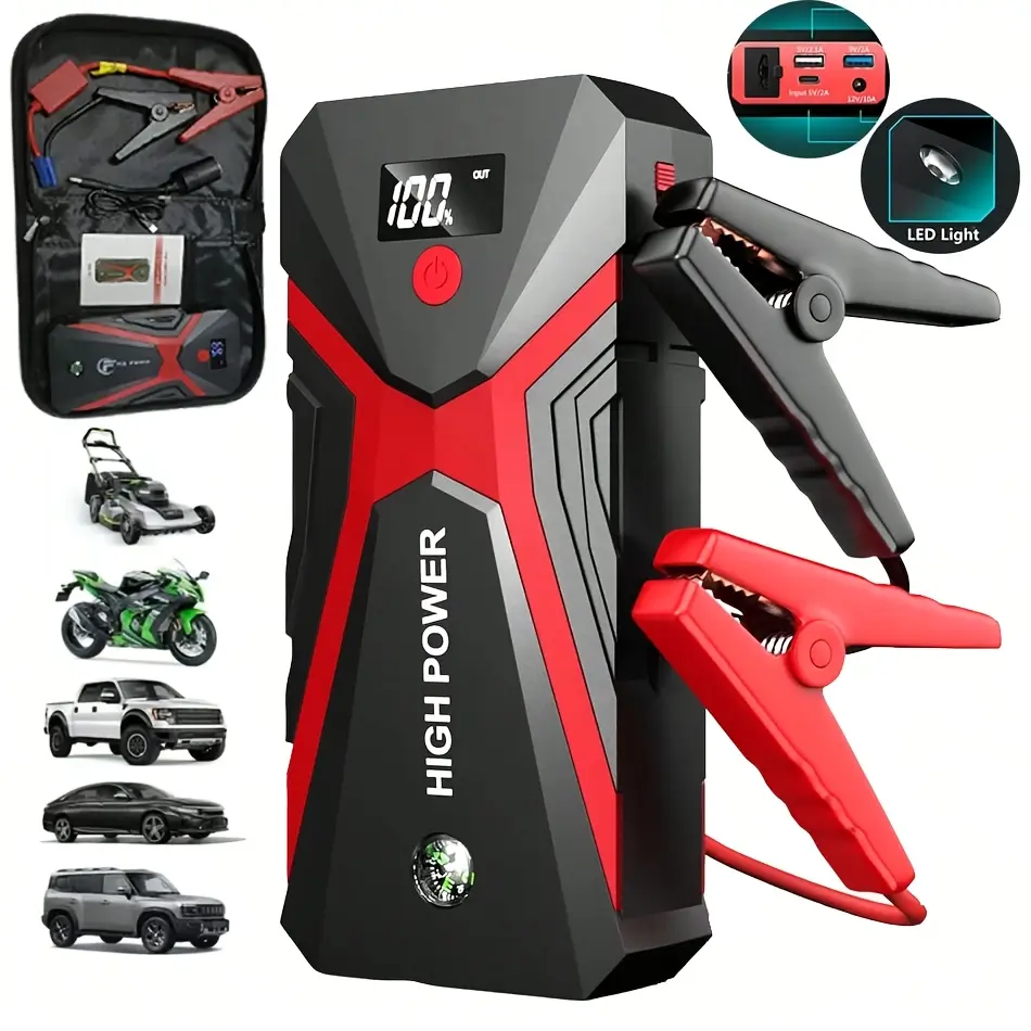 5-in-1 portable car battery emergency starter, with tire inflation function, 12V quick start, battery booster, USB input/output, LED emergency light, reliable power source, roadside/vehicle emergency tool, 3000A portable wireless car emergency starter,