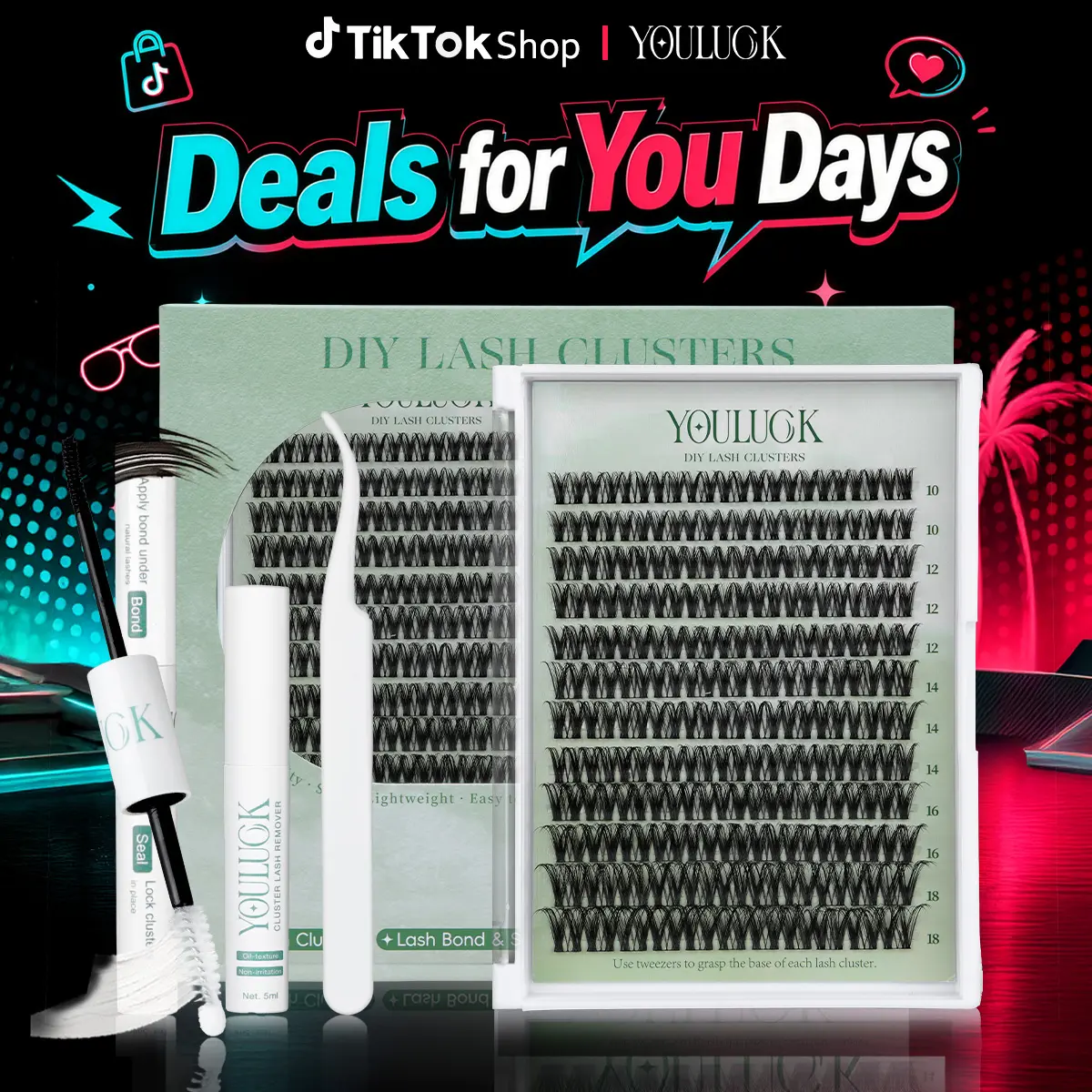 Velvet Touch | YOULUCK Lash Clusters Waterproof Long-Lasting Individual Eyelash Extensions with Ultra-Thin Band Bond & Sea l& Remover Makeup For Girls Beginner Friendly