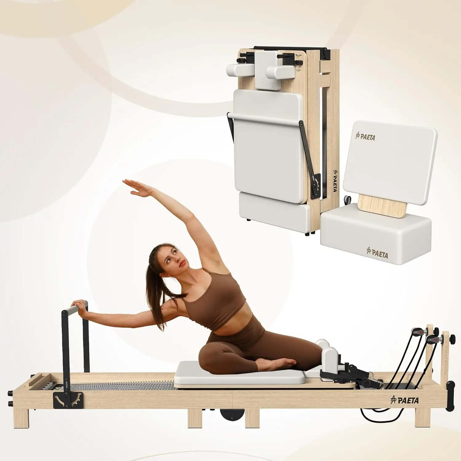 [2 packages shipping] PAETA 92" Wooden Foldable Pilates Reformer - Home & Studio Use with Springs, Sitting Box, Jump Board & Accessories