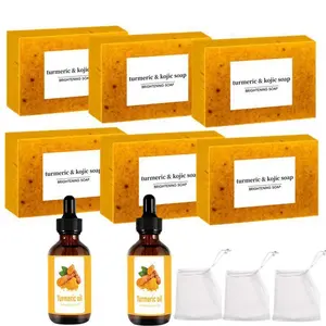 Turmeric Soap & Essential Oil Set, 6 Counts Turmeric Brightening Soap Bar & 2 Counts Turmeric Essential Oil & 3 Counts Foaming Net, Cleanser, Cleansing Moisturizing Hydrating Moisturize Skin Care Set