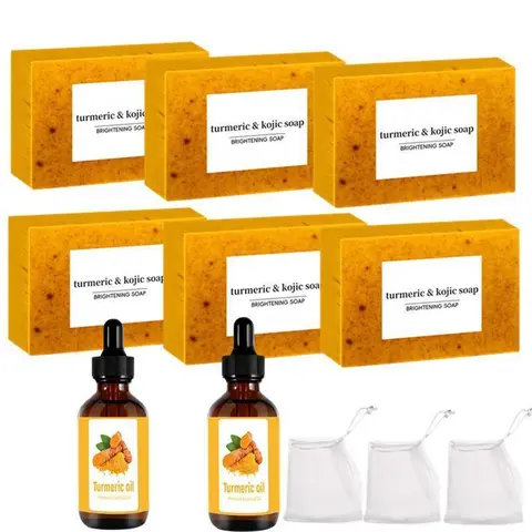 Turmeric Cleansing Soaps & Essential Oil Set, 6 Counts Turmeric Brightening Soap Bar & 2 Counts Turmeric Essential Oil & 3 Counts Foaming Net, Body Cleansing Products, Body Hygiene Products, Skin Care Set