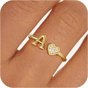 Gold Rings for Girls Women - Dainty 14K Gold Plated Adjustable Letter Rings Teen Girls Gifts Trendy Stuff Initial Ring Teen Girl Birthday Gift for Girl Non Tarnish