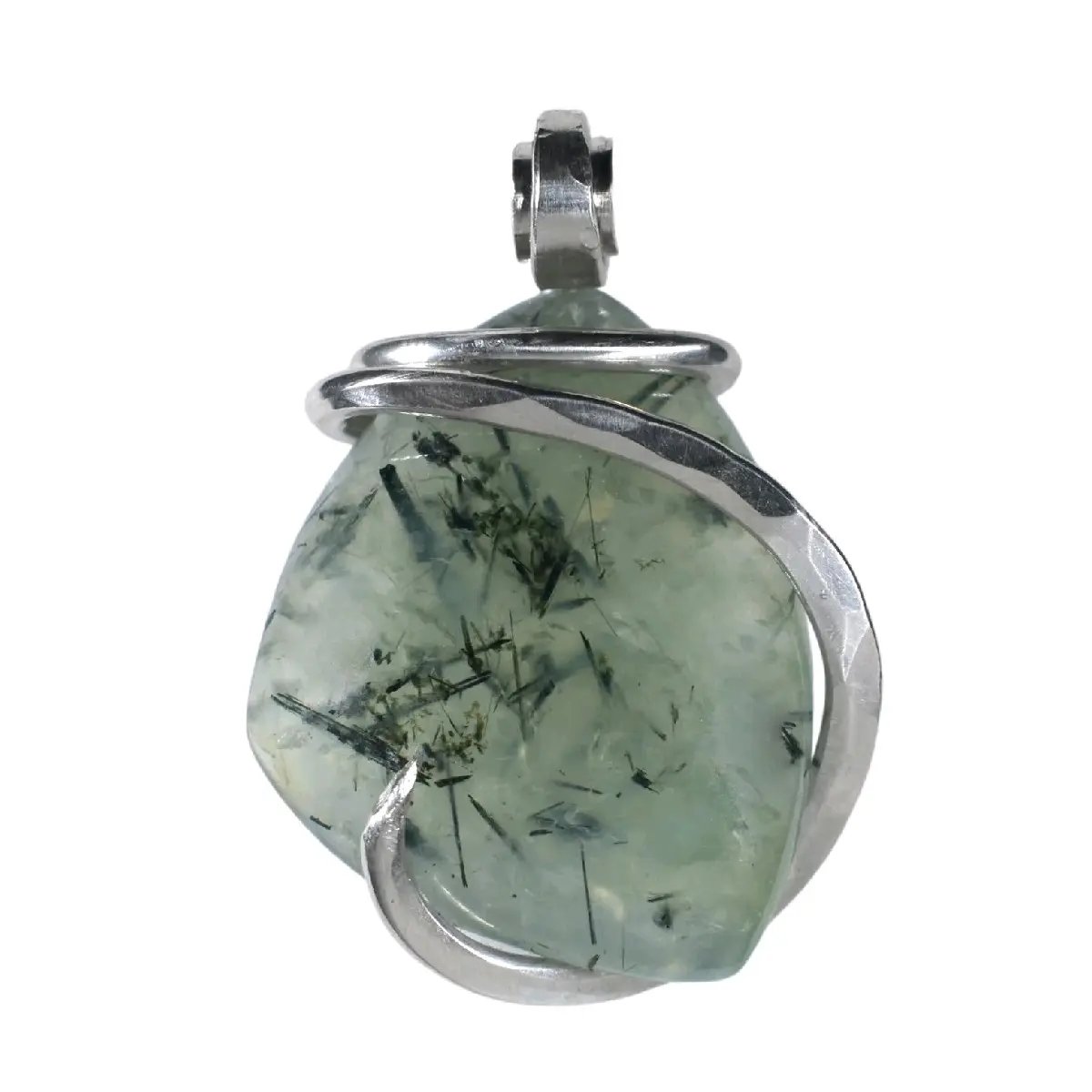 Green Epidote Quartz Handmade Crystal Pendant Wrapped in Silver