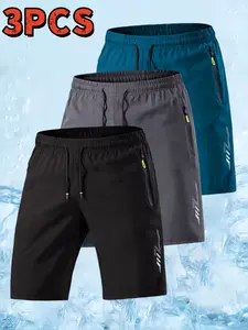 Men's 3-Piece Ice Silk Gym Shorts Set, Soft Comfortable Fabric, Lightning Print Design, Summer Fashion Trend, Casual Style, Casual Athletic Shorts, Streetwear Sports Shorts, Fitness Shorts Set