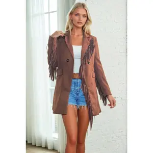 Fringed Faux Suede Blazer- Brown