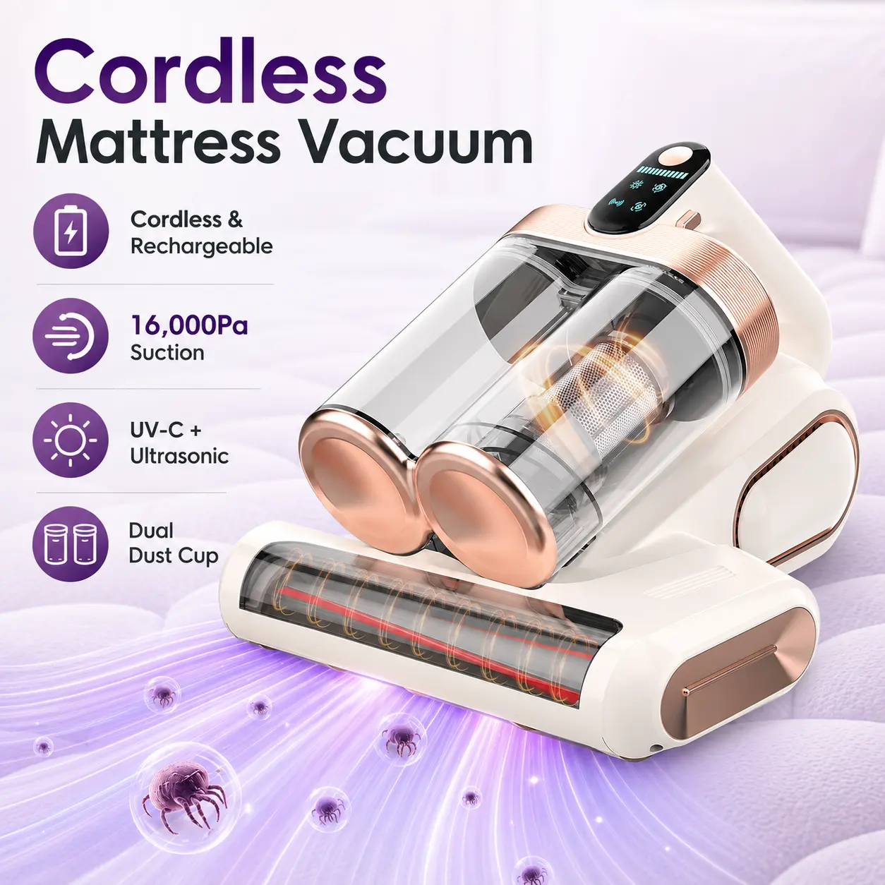 XIAOLANG Bed Mattress Vacuum Cleaner Cordless 16Kpa Handheld Vacuum, Vacuum Cleaner with 253.7nm UV-C Light,HEPA Filter & Ultrasonic, Portable Vacuums for Sofa Bed Couch Crib Gifts for Women her Man,back to school,back to school haul