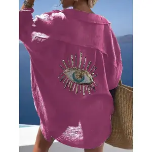 Sequins Beach Cardigan - Women's V-Neck Sports Shirt - Loose Long Sleeve for Spring and Summer crochet  top Mesh Cover Up Swimsuit Cover Up Pink Swimwear Coverups