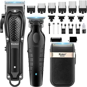 Kemei Professional Hair Trimmer for Men, Cordless Barber Clipper, T-Blade Trimmer, Foil Shaver Set, 9 Guide Combs, Electric Hair Trimmer Kit, Cordless Rechargeable Clipper
