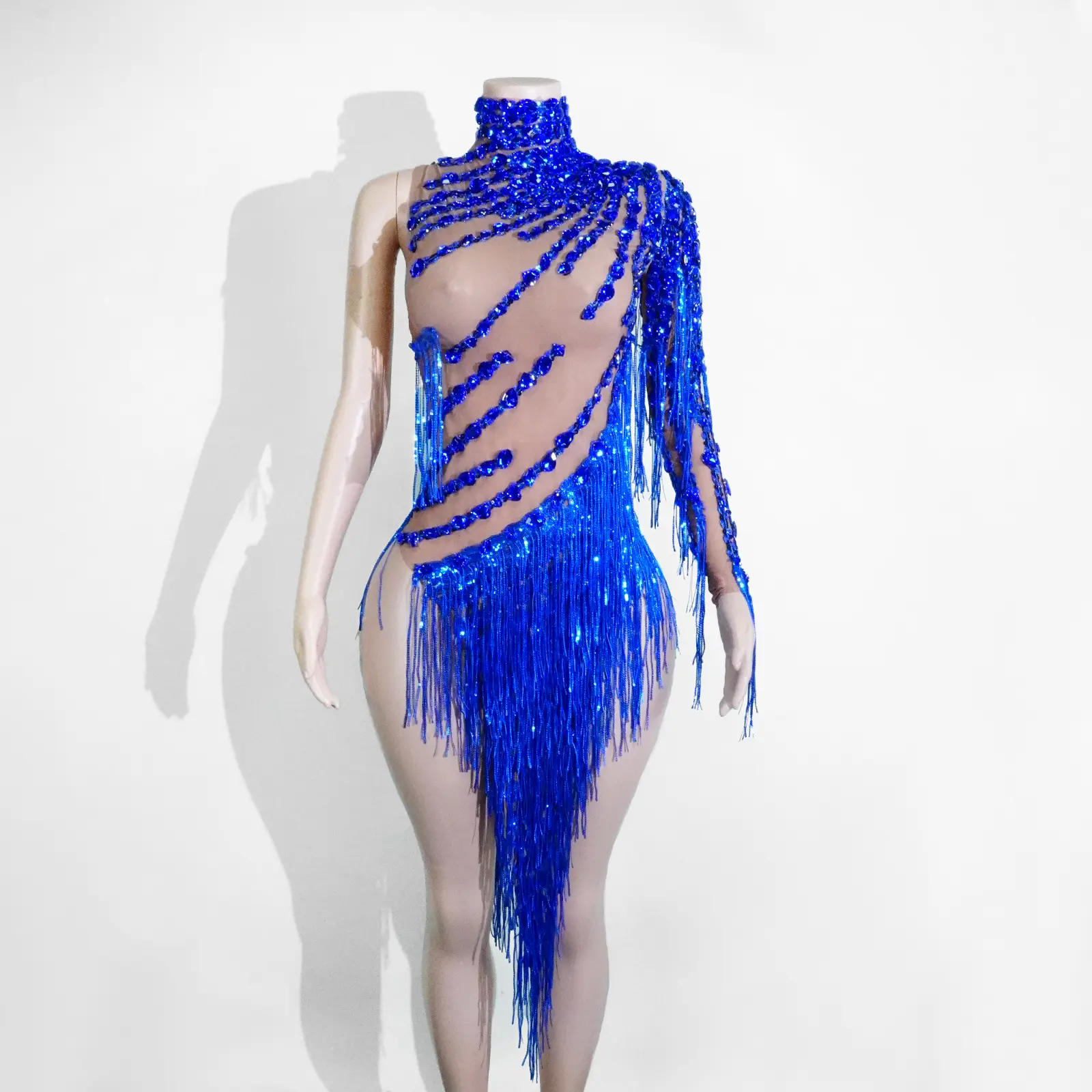 Royal Blue Rhinestone Fringe Bodysuit for Women, Sparkly One Shoulder Performance Outfit, Sequins Dance Costume for Stage, Party, Carnival & Photoshoot