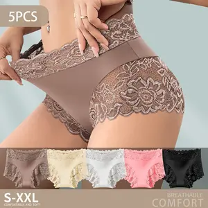 5PCS Women's Mid-Rise Briefs Featuring lace detailing at front and back for a feminine, alluring look - Personalized floral lace printe print. Soft, comfortable, and breathable fabric. A timeless classic suitable for all seasons