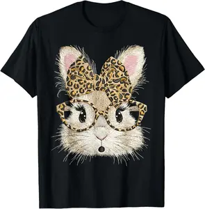 Funny Bunny Face Glasses Bandana Leopard Rabbit Happy Easter T-Shirt