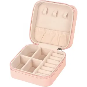 Mini Travel Jewelry Box Portable PU Leather Organizer Storage Case for Earrings Necklaces Rings Bracelets Gift Wedding Charm Box Pink Flannel Lined Zipper Closure