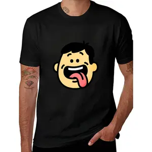 Black T Shirt For Men Featuring Funny Cartoon Face With Tongue Out Design Perfect For Casual Wear And Humorous Statements Lightweight Comfortable Fabric