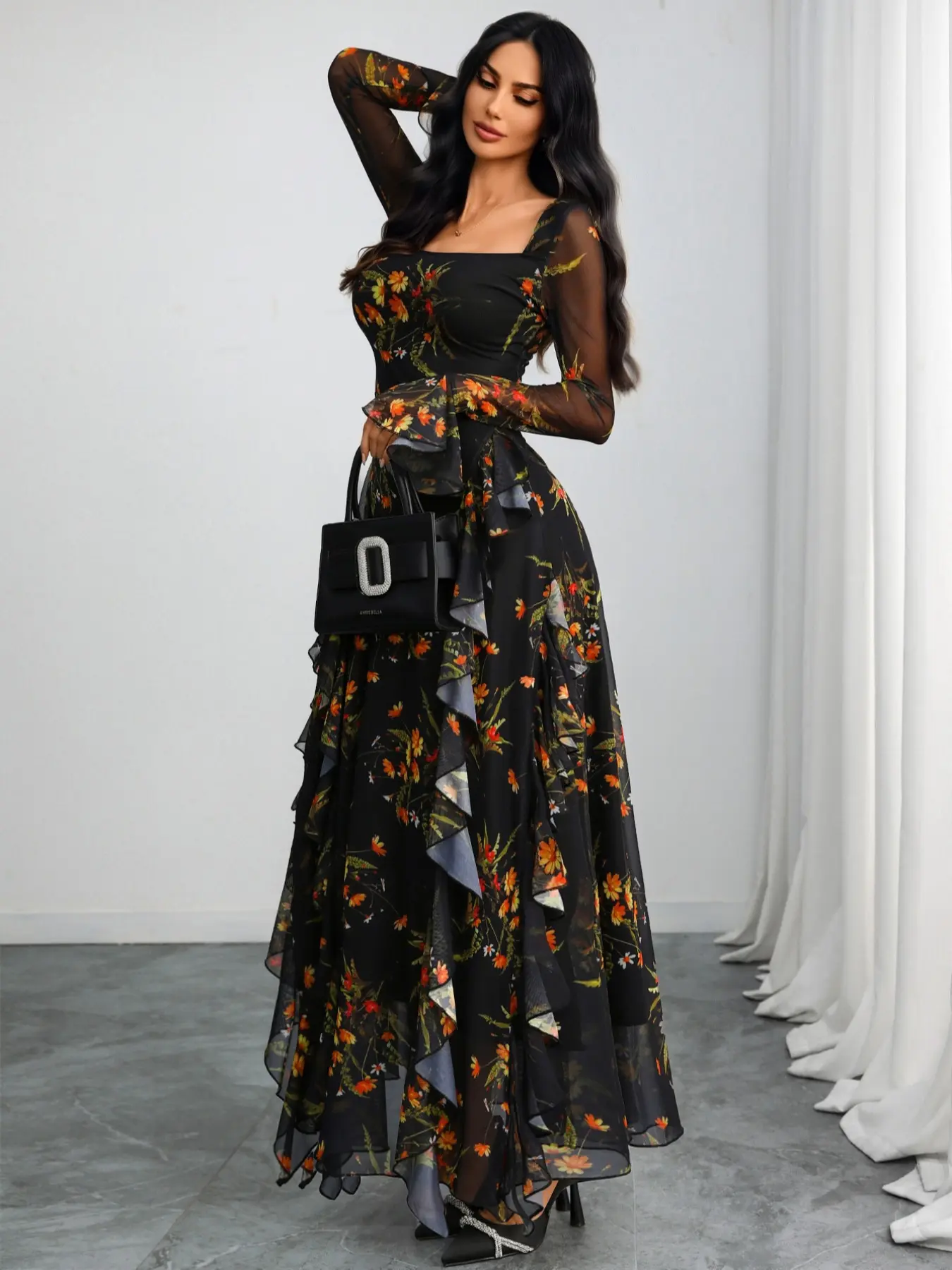 Women's Elegant Fitted Floral Print Long Sleeve Square Neck Dress, Romantic Style Mesh Patchwork Dress, Formal Dress Up Gown for All Seasons, Womenswear