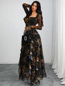 Gothic Sexy Elegant Feminine Floral Printed Long Sleeve Square Neck Romantic Skirt Mesh Patchwork Knit Waist Dress, All Seasons Fitted Style Womenswear