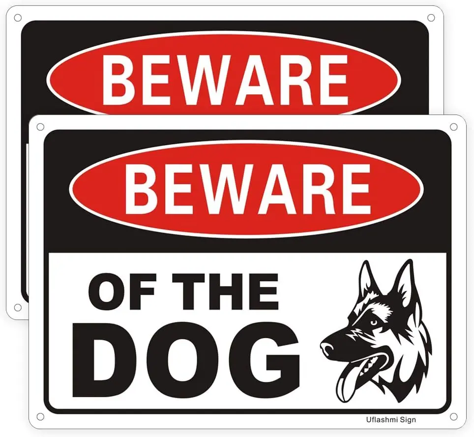 Uflashmi Beware of Dog Sign for Fence Yard, Dog Warning Sign, Aluminum Metal, 2 Pack, 7x10 inch