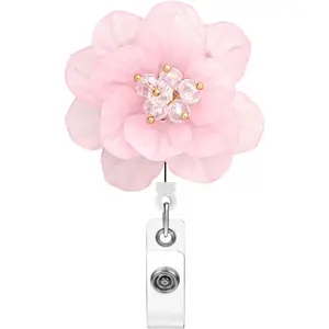 Badge Reel Retractable, Nurse Retractable Badge Holder, Flower ID Name Badge Clip, Badge Reel Clip with 360? Swivel  Clip & 24'' Durable Nylon Cord (Pink)