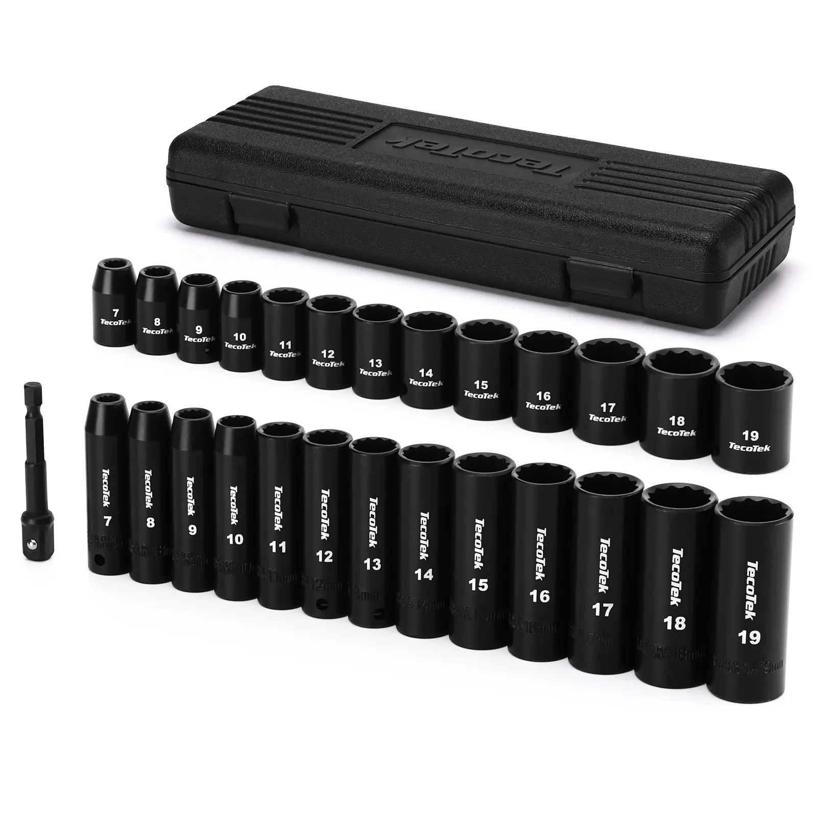 Teco Tek Tools 27-Piece 3/8-Inch Drive 12-Point Deep Metric Impact Socket Set - CR-V Steel, 7mm-19mm, 1/4"-3/8" Drill Adapter, Tools for Mechanics & Auto Repairers, Laser Etched Metric Sizes