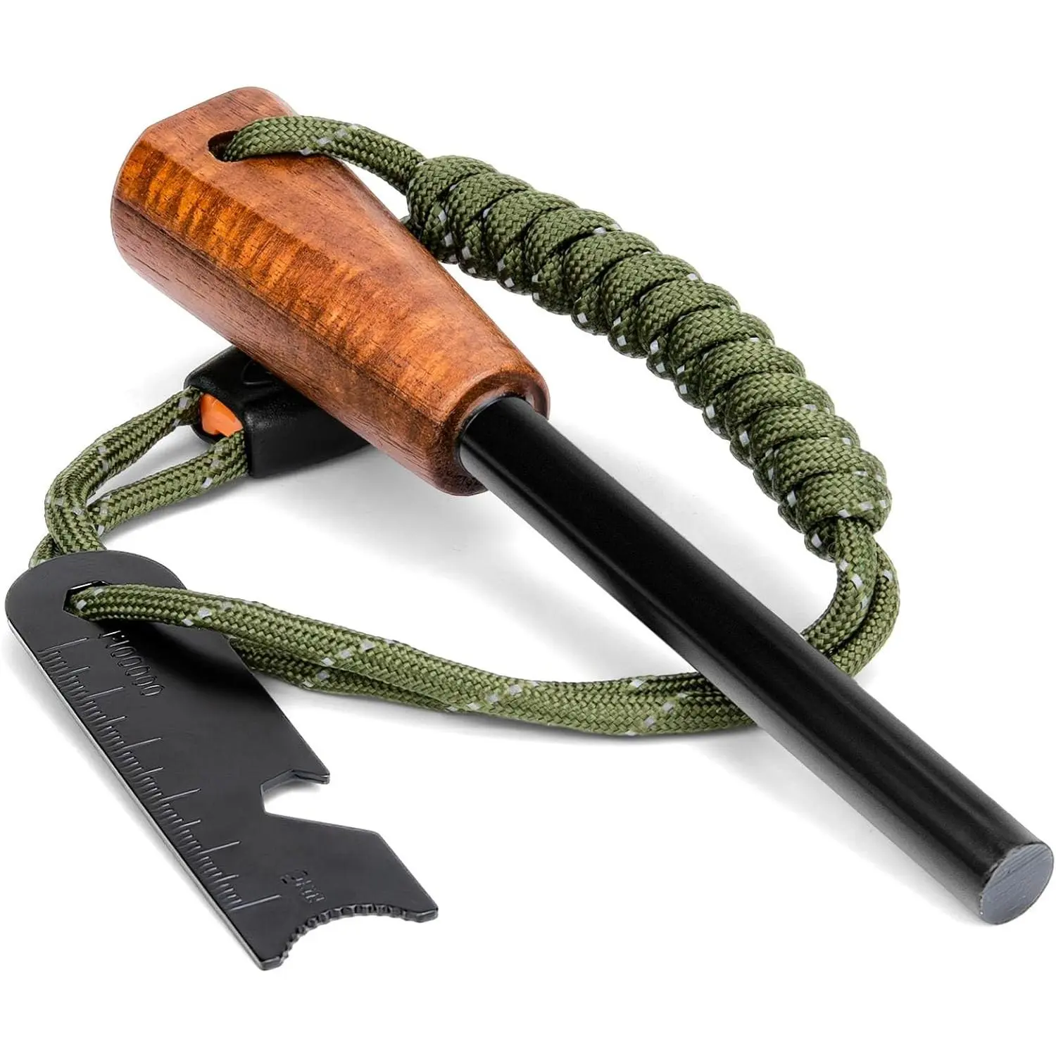 Survival Fire Starting Kit - Handmade Wooden Handle, 3/8" Thickness Ferro Rod with Striker, Umbrella Rope, Waterproof Flint Steel, Windproof Lighters, Pocket-Sized Environmentally Friendly Bushcraft Tool for Fishing, Bonfire