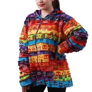 Himalayan Fashion Handmade Striped Owl Printed Hippie Hoodie Jacket Boho Hippie Jacket Sweater Womenswear Comfortable