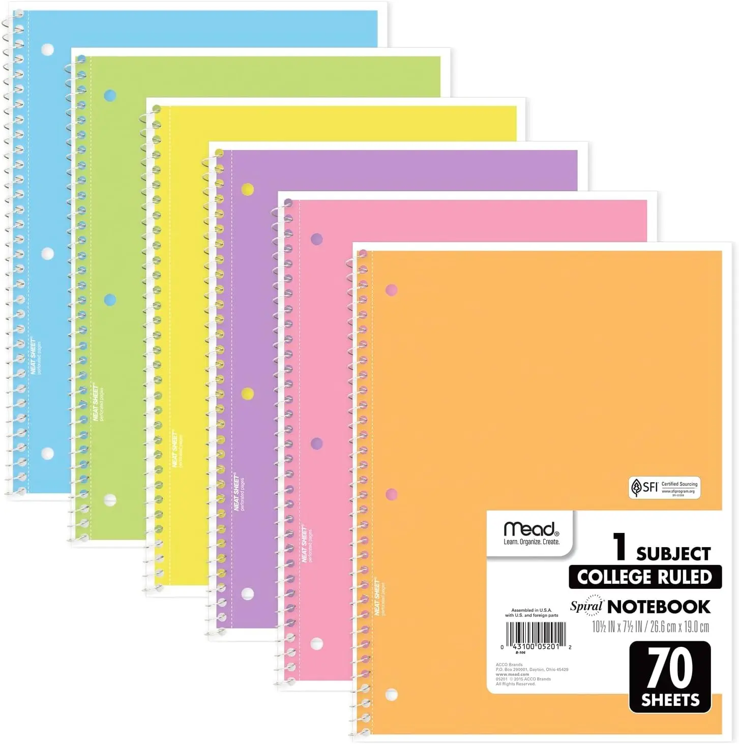 Spiral Notebook, 6 Pack, 1 Subject, College Ruled Paper, 7-1/2" x 10-1/2", 70 Sheets per Notebook, Assorted Pastel Colors (830049)