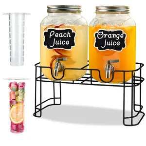 2 Packs 1 Gallon Glass Drink Dispenser with Stainless Steel Tap & Stand, Cold Beverage Dispenser, for Water, Juice, Punch, Lemonade & Parties, Decorative Labels for Home, Parties, Catering - (Cup Not Included)
