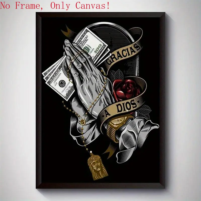 Inspirational Money-Themed Canvas Art Poster Board,Prayer Hands with Cash and Rose Design - Unframed Decor Ornaments Wall Decoration Room Print