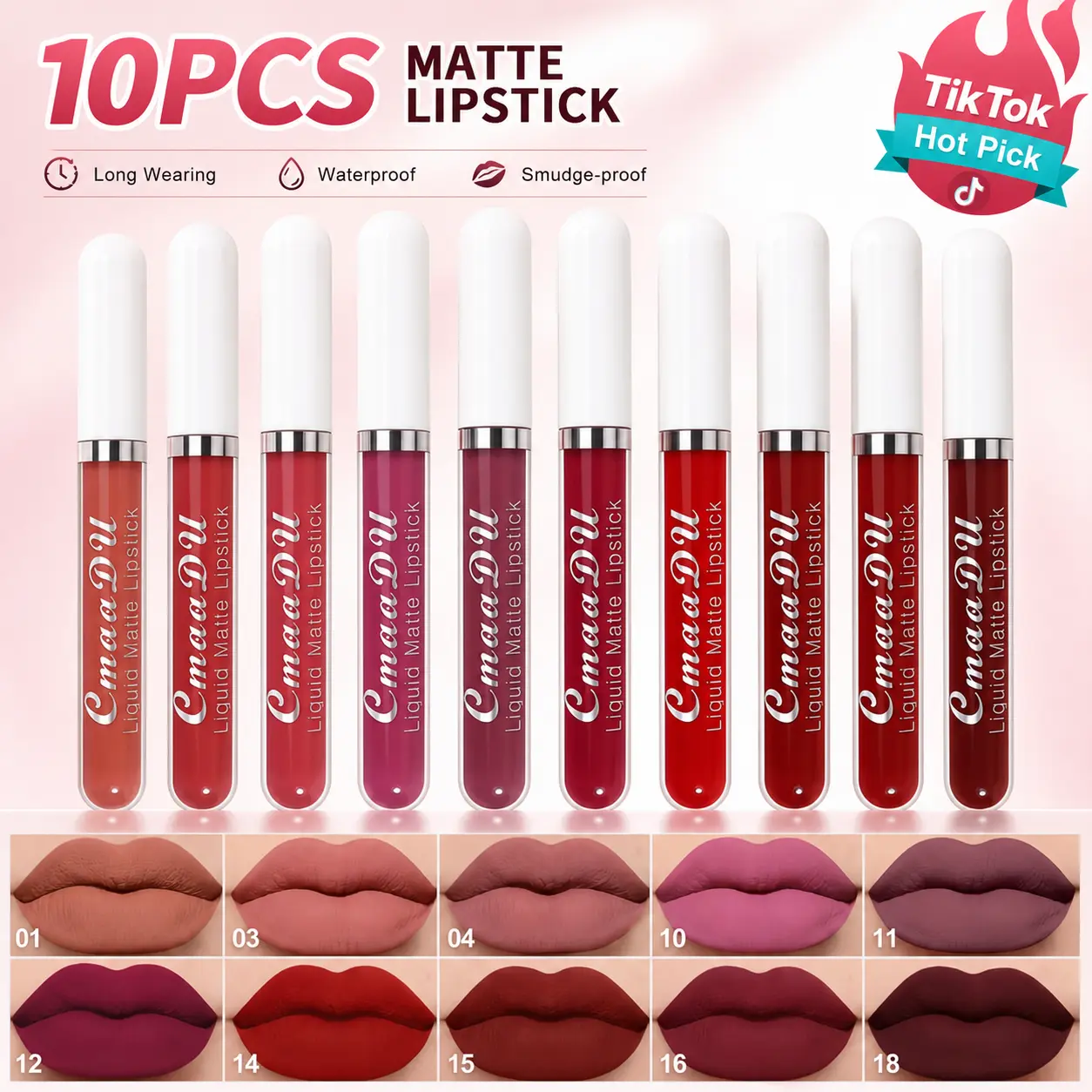 10-Pcs Liquid Matte Lipstick Set - Waterproof, Long-Lasting Lip Color, Vitamin E-Infused Moisturizing Non-Stick Formula, Color Correction Makeup for All Skin Types, Valentine's Day/Mother's Day Gift for Beginners