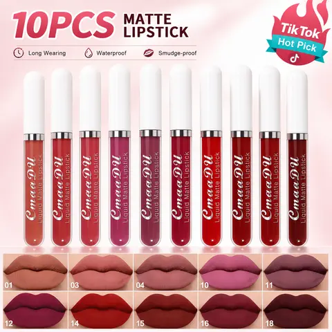 10-Pcs Liquid Matte Lipstick Set - Waterproof, Long-Lasting Lip Color, Vitamin E-Infused Moisturizing Non-Stick Formula, Color Correction Makeup for All Skin Types, Valentine's Day/Mother's Day Gift for Beginners
