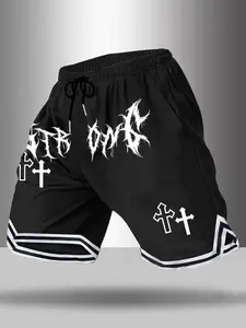 Men's Gym Shorts with Artistic Text & Cross Pattern, Athleisure Casual Shorts, Streetwear Style for Casual Daily Wear, Trendy Religious Design