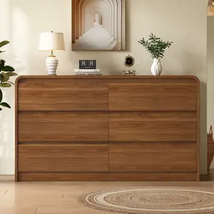 Messenya Modern 6 Drawer Dresser, 55-Inch Wood Chest of Drawers, Curved Anti-Collision Design, Mid-Century Storage Cabinet, Pre-Embedded Slots, Natural Texture, for Bedroom, TV Stand (W-55IN)