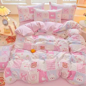 Korean Floral Bubble Mesh Four-Piece Bedding Set, Queen Size, Soft Breathable, Lace Trim, Ideal for Bedroom Decor, Gift for Mom