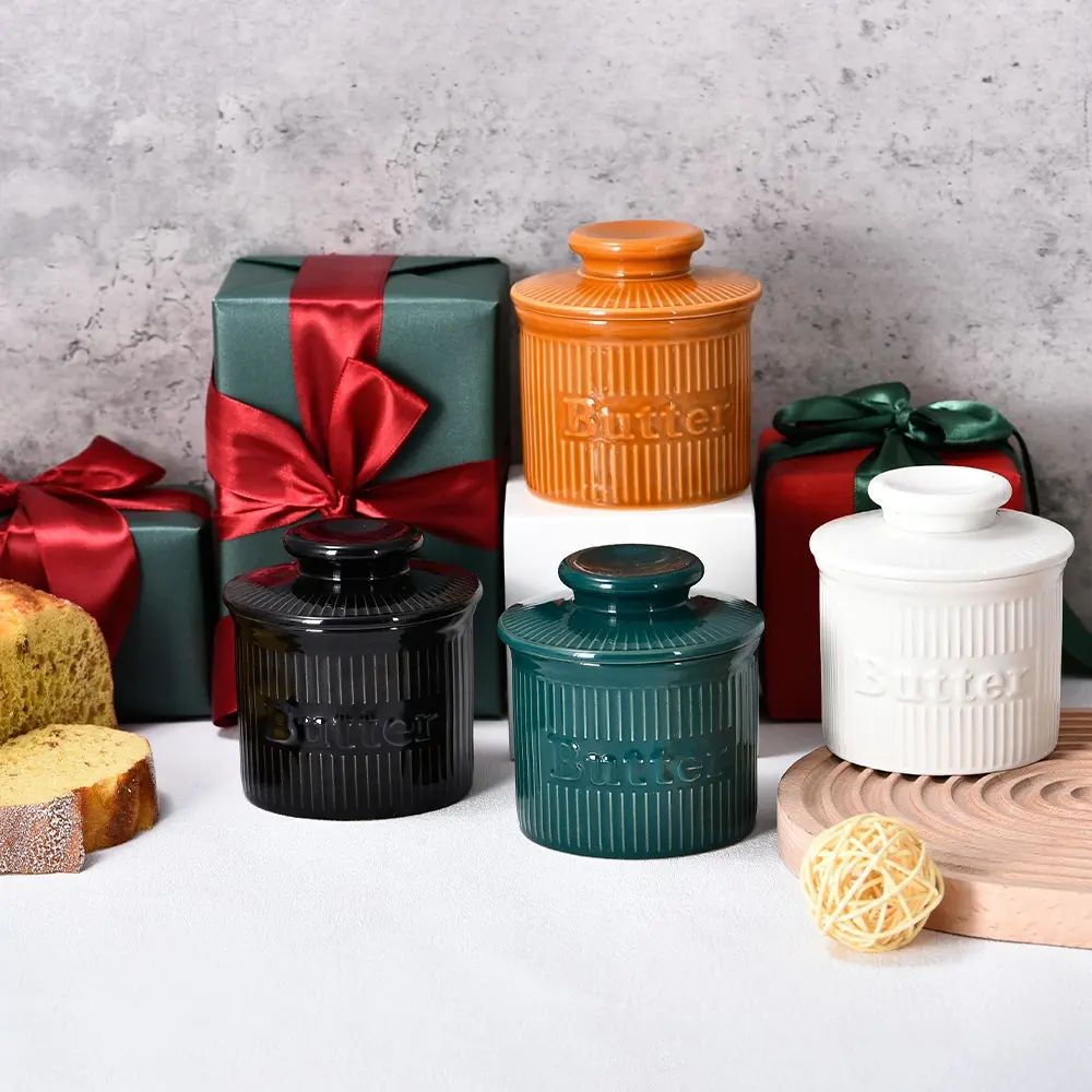Butter Crock with Lid for Countertop, Ceramic French Butter Dish, Ribbed Butter Keeper with Water Line, Colorful Butter Holder, Butter Container for Spreadable Soft Butter, Housewarming Gift, Kitchen and Home Decor, Canister