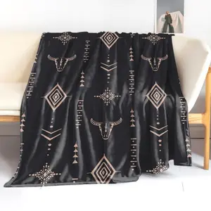 Ultra-Soft Retro Western Polyester Heritage Flannel Throw Blanket - Digital Knitted Design with Bull Print, Mid-Century Geometric Patterns, Insulation & Rustic Charm, All-Seasons Use for Bed, Sofa, Throw Blankets, Heritage Flannel Throws