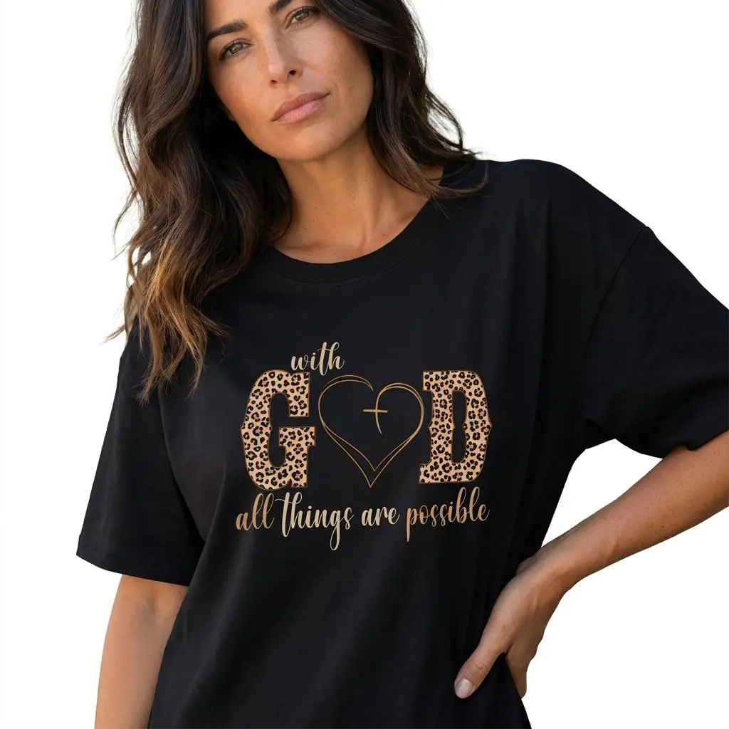 Christian Faith Shirt Women Plus Size Leopard Print God Graphic Tee Inspirational Top