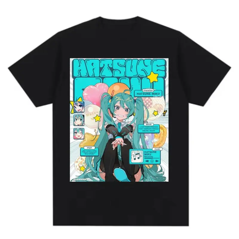 Menswear Anime Art Graphic Tee with Hatsune Miku Design, Soft 100% Cotton, Breathable Short Sleeve Unisex Easy Fit Casual Wear, Tops, Printed, Round Neck, 2Xl, 3Xl